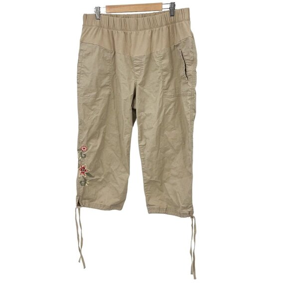 Motherhood Maternity Capri 1X Tan Floral Embroidered Womens Pockets Pullon Pants - Picture 1 of 9